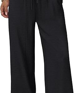Sampeel Wide Leg Pants for Women Flowy Palazzo Drawstring Elastic Waist Trousers with Pockets Summer Beach Vacation Clothes
