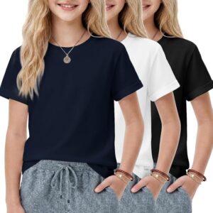 Arshiner 3 Pack Girls T Shirts Rolled Short Sleeve Crewneck Tees Basic T-Shirt Summer Tops Blouse for Girls 5-13 Years