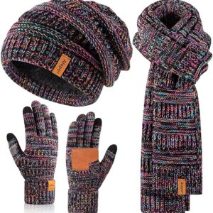 Winter Beanie Hat Scarf Gloves Set for Women, Slouchy Beanie Long Scarf Touchscreen Gloves, Warm 3 in 1 Set