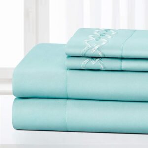 HOMEIDEAS 4-teilige Schnalle bestickte Rand Bettwäsche Set Extra weiche gebürstete Mikrofaser 1800 Bettwäsche Tiefe Tasche, Falte, Fade frei (Super King, Spa Blue)